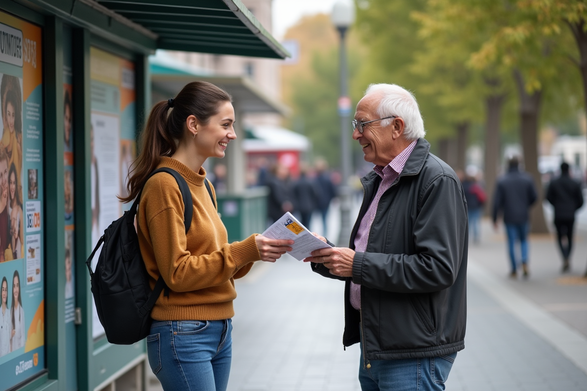 Jeune femme distribuant un flyer dans une place publique