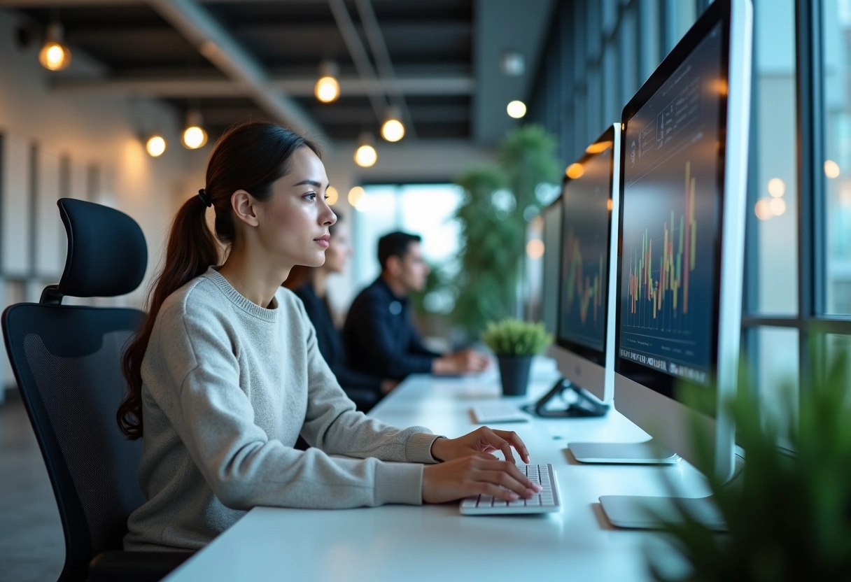 Jeune femme spécialiste IT analysant des données dans un espace hightech