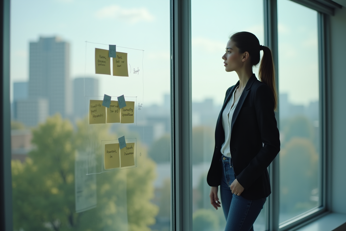 Jeune femme marketing regardant des notes sur une vitre