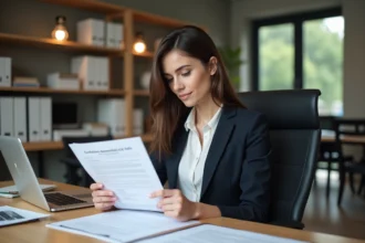 Jeune femme en bureau examinant des CGV avec concentration