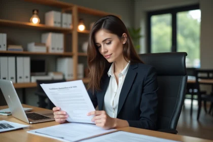 Jeune femme en bureau examinant des CGV avec concentration