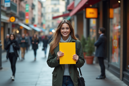 Jeune femme souriante offre un flyer dans la ville animée