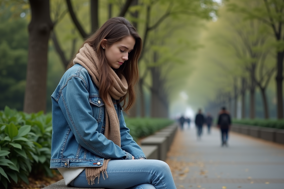 Jeune femme assise dans un parc urbain contemplative