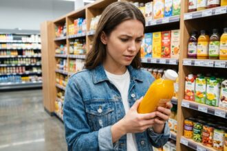 Jeune femme en supermarche examine une bouteille de jus