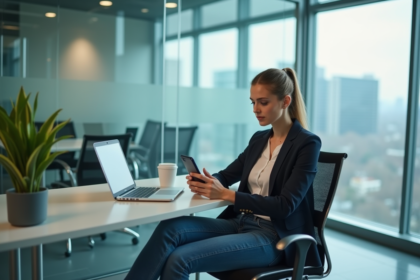 Jeune femme professionnelle gérant ses réseaux sociaux au bureau