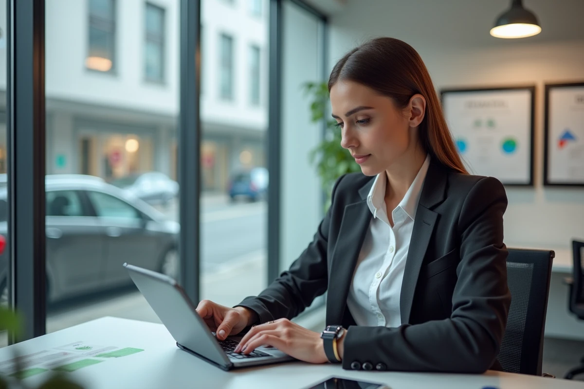 Jeune femme en bureau moderne utilisant une tablette numérique