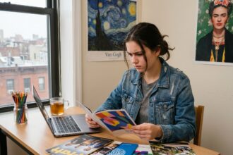 Jeune fille contemplant des brochures d'art dans sa chambre