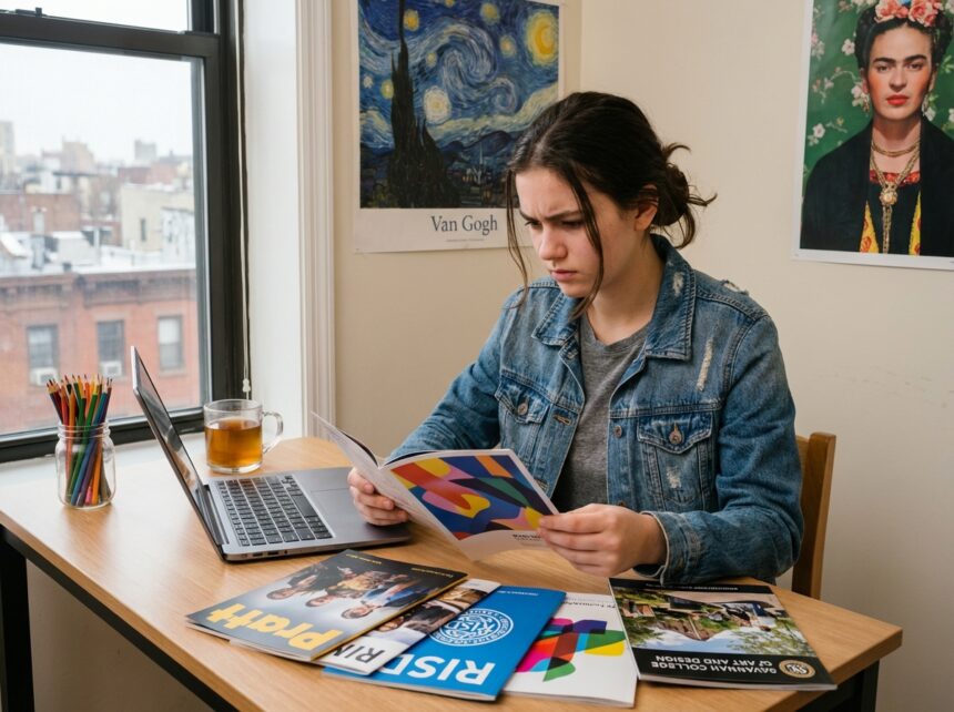 Jeune fille contemplant des brochures d'art dans sa chambre