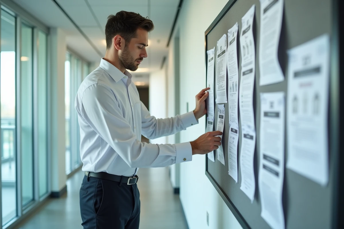 Jeune homme vérifiant un panneau de réglementations