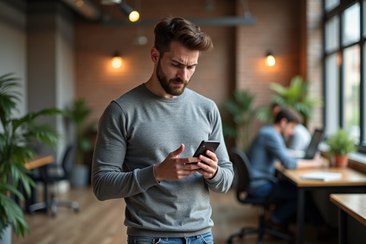 Jeune professionnel inquiet face à des posts négatifs sur son téléphone