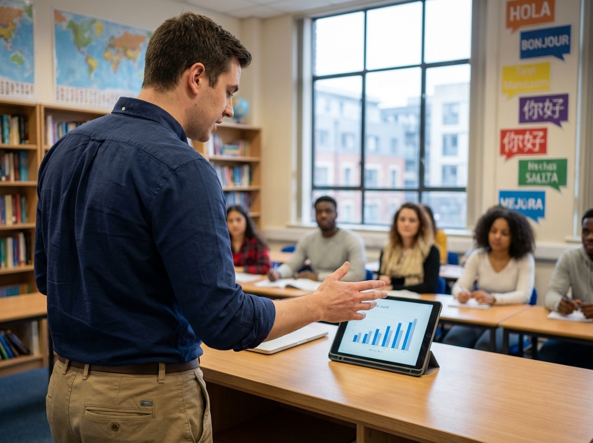 Jeune homme en classe de langue avec tablette