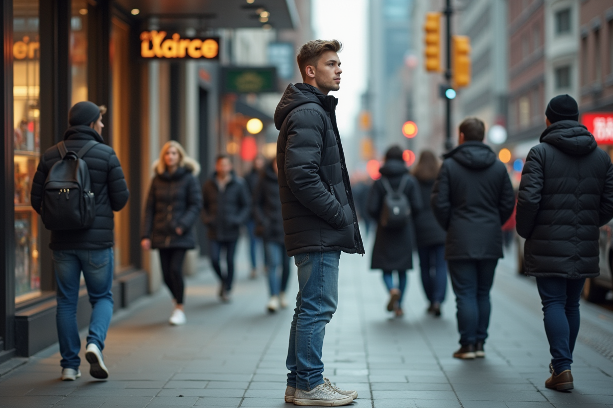 Jeune homme seul sur un trottoir urbain animé
