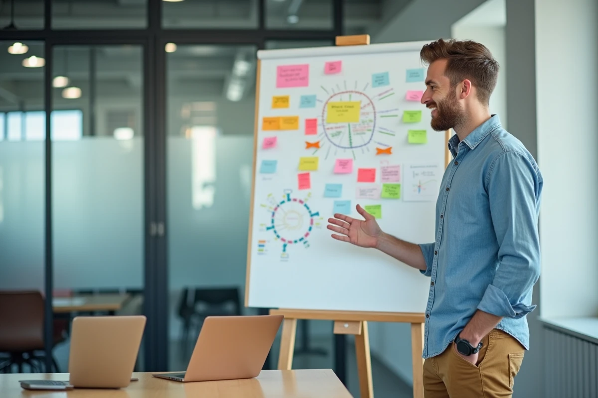 Jeune homme en réunion avec tableau blanc et postit