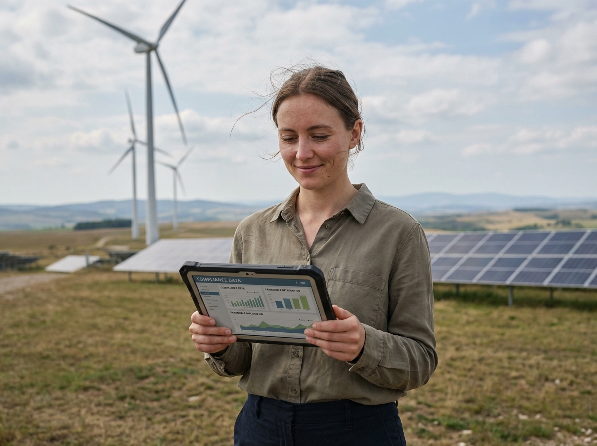 Jeune ingénieure avec panneau solaire et éoliennes en arrière-plan