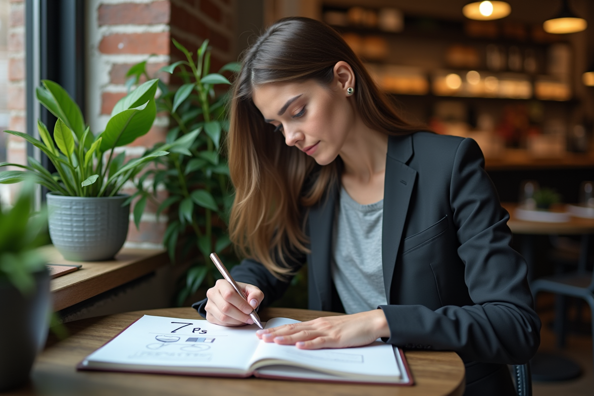 Jeune femme en café esquissant les 7 Ps du marketing
