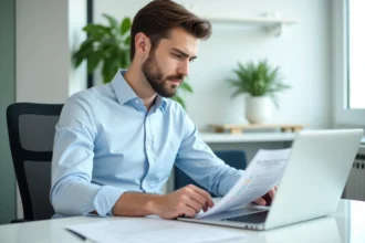 Jeune homme professionnel travaillant à son bureau moderne