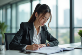 Jeune femme professionnelle en bureau moderne en train de dessiner un diagramme