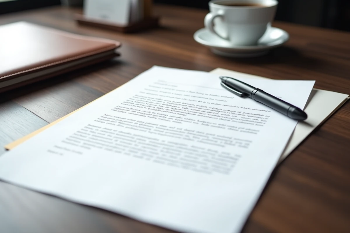 Lettre de démission imprimée posée sur un bureau avec une enveloppe et un stylo
