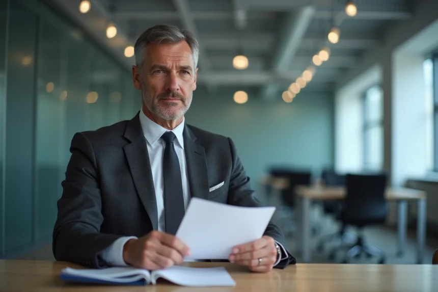 Employé tenant une lettre de licenciement dans un bureau moderne, illustrant les droits et erreurs fréquentes lors d'un licenciement avec préavis