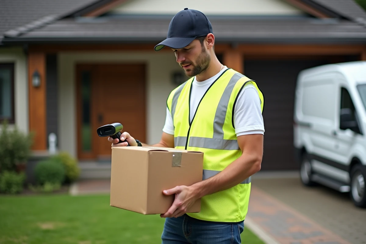 Livreur indépendant scannant un colis devant une maison pavillonnaire lors d'une tournée de livraison Amazon