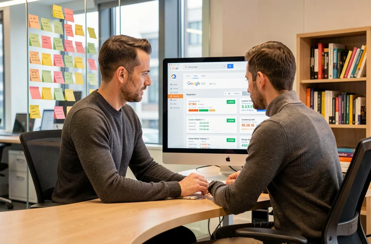 Responsable marketing digital de l'agence Lutie gérant des campagnes SEA et marketing digital sur un grand écran dans un bureau lyonnais