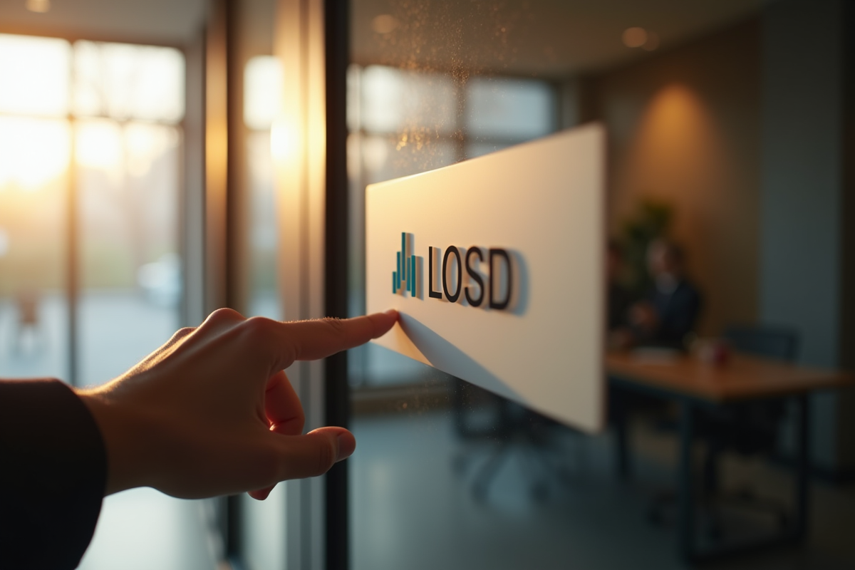 Main touchant une plaque de porte de bureau avec logo