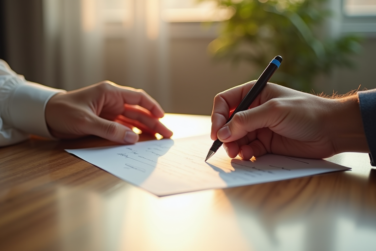 Mains échangeant une lettre signée sur une table en bois