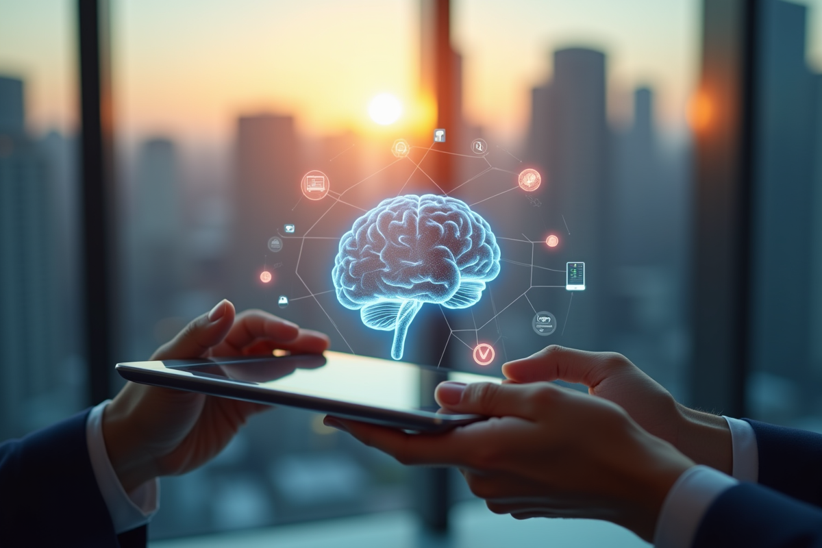 Mains tenant une tablette avec hologramme d