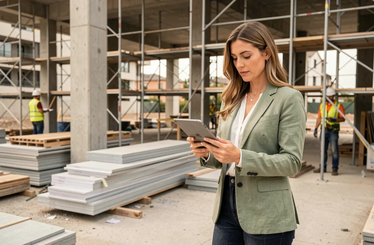 Maître d'ouvrage féminin consultant des devis d'artisans sur tablette numérique sur un chantier de construction résidentielle en cours