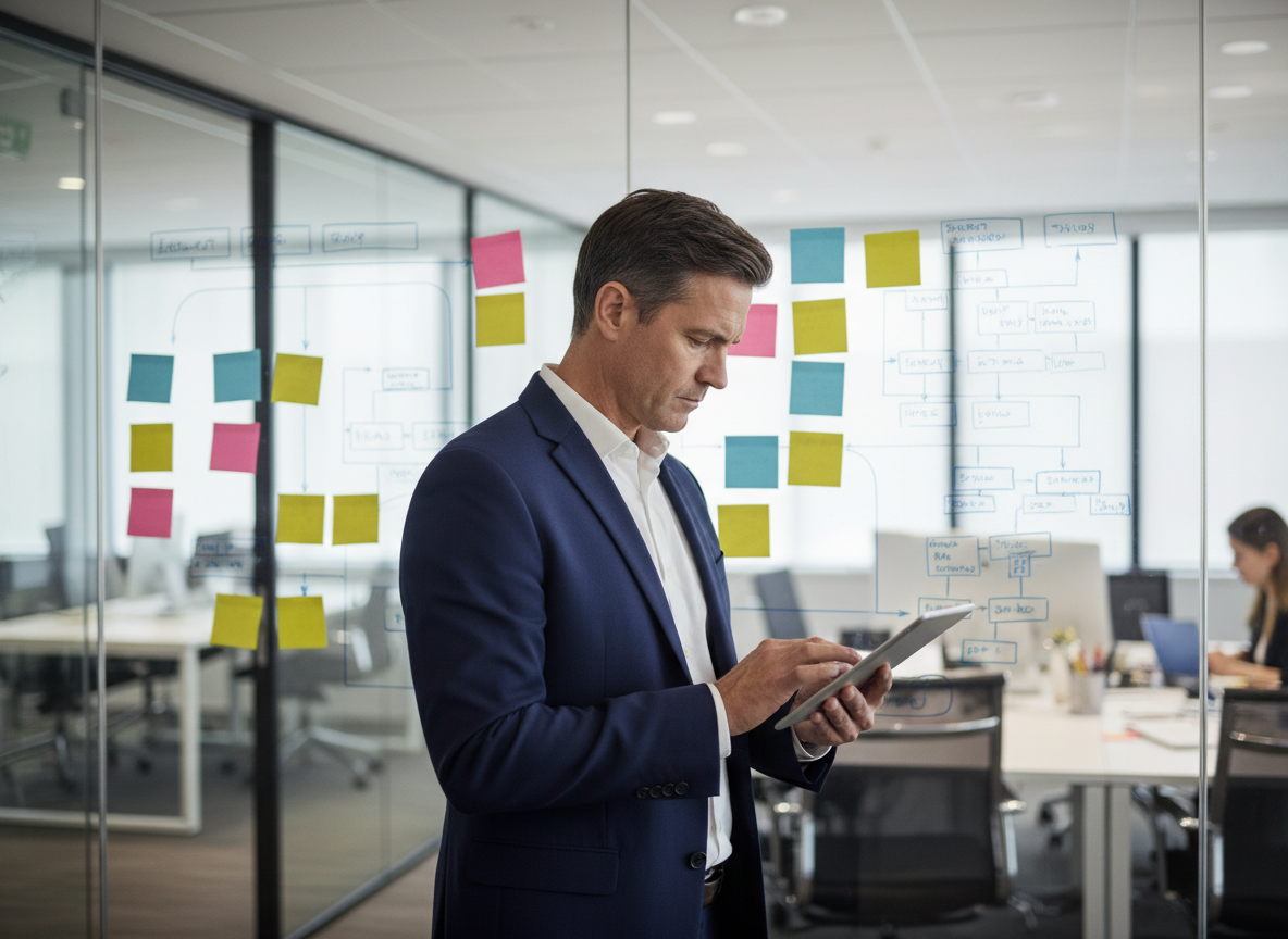 Manager IT analysant un tableau numérique dans une salle de réunion