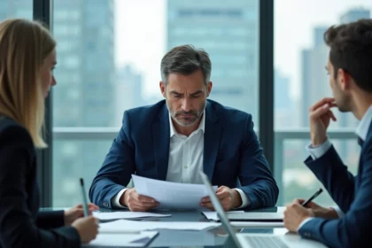 Manager dépassé par ses responsabilités lors d'une réunion d'entreprise, illustrant le principe de Peters et l'incompétence managériale