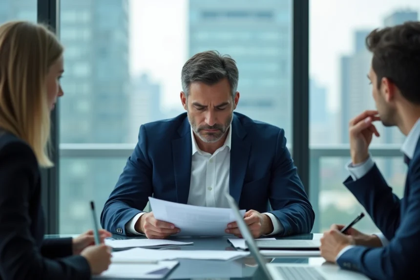 Manager dépassé par ses responsabilités lors d'une réunion d'entreprise, illustrant le principe de Peters et l'incompétence managériale