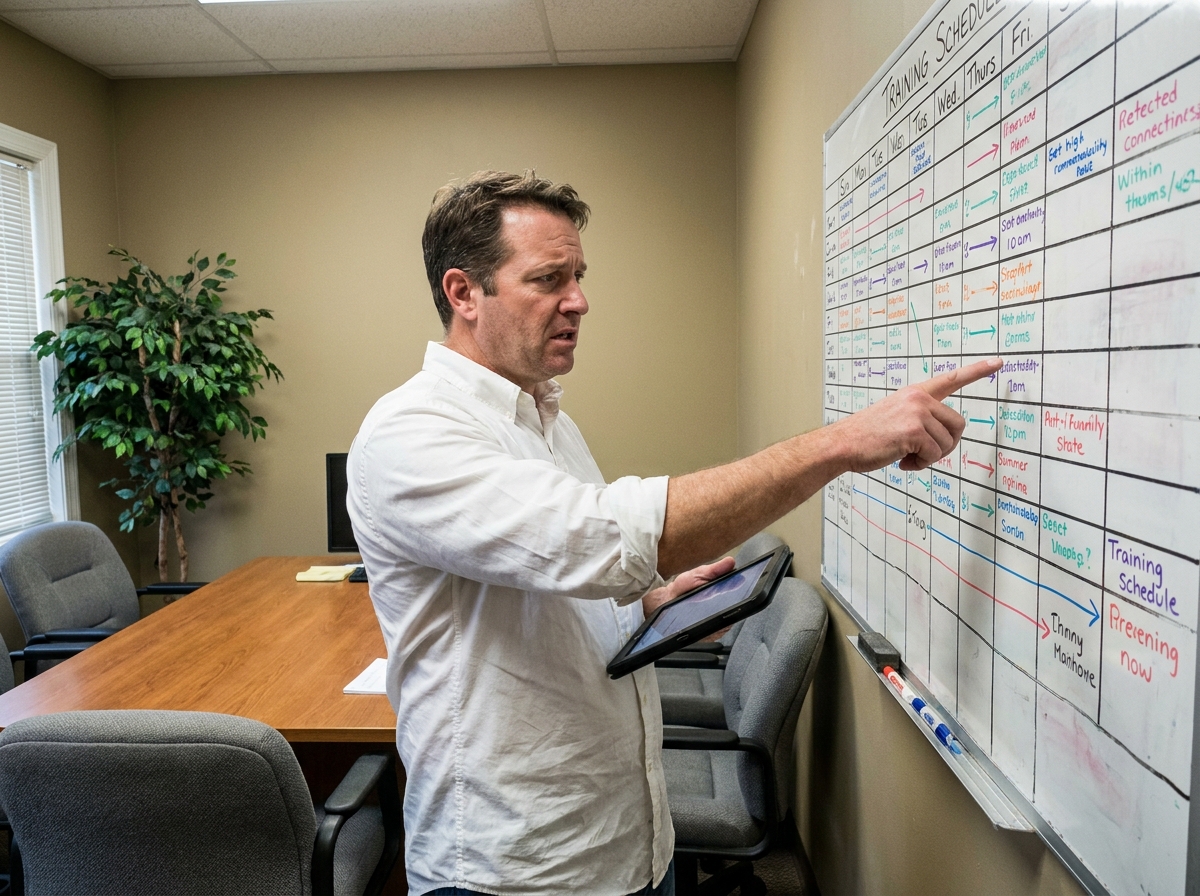 Manager RH planifiant un calendrier de formation professionnelle sur tableau blanc en salle de réunion