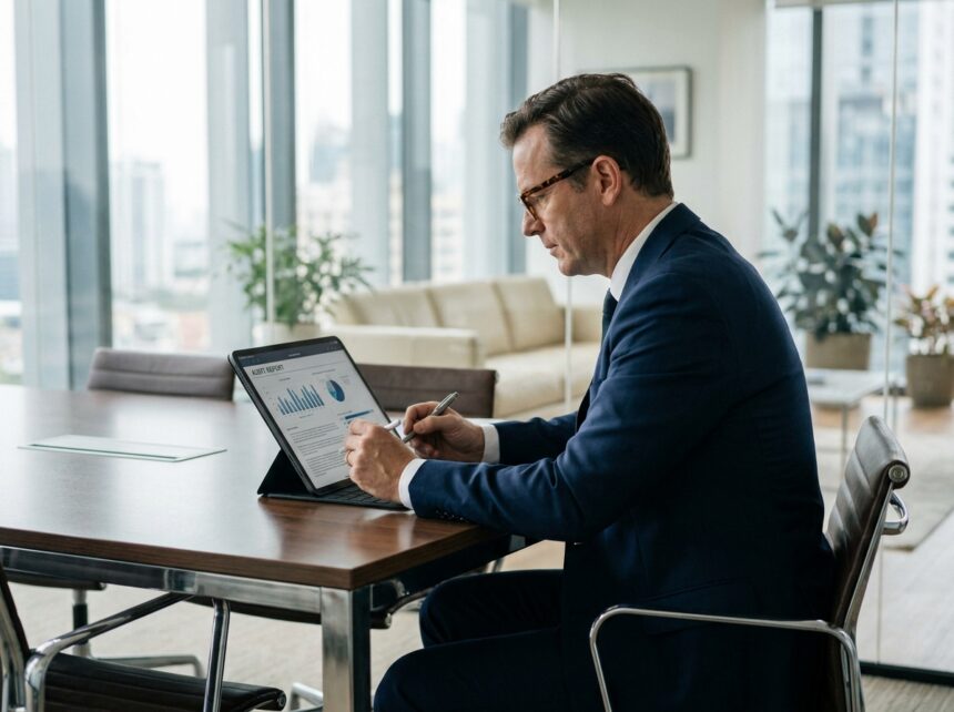 Manager sécurité informatique en réunion avec tablette