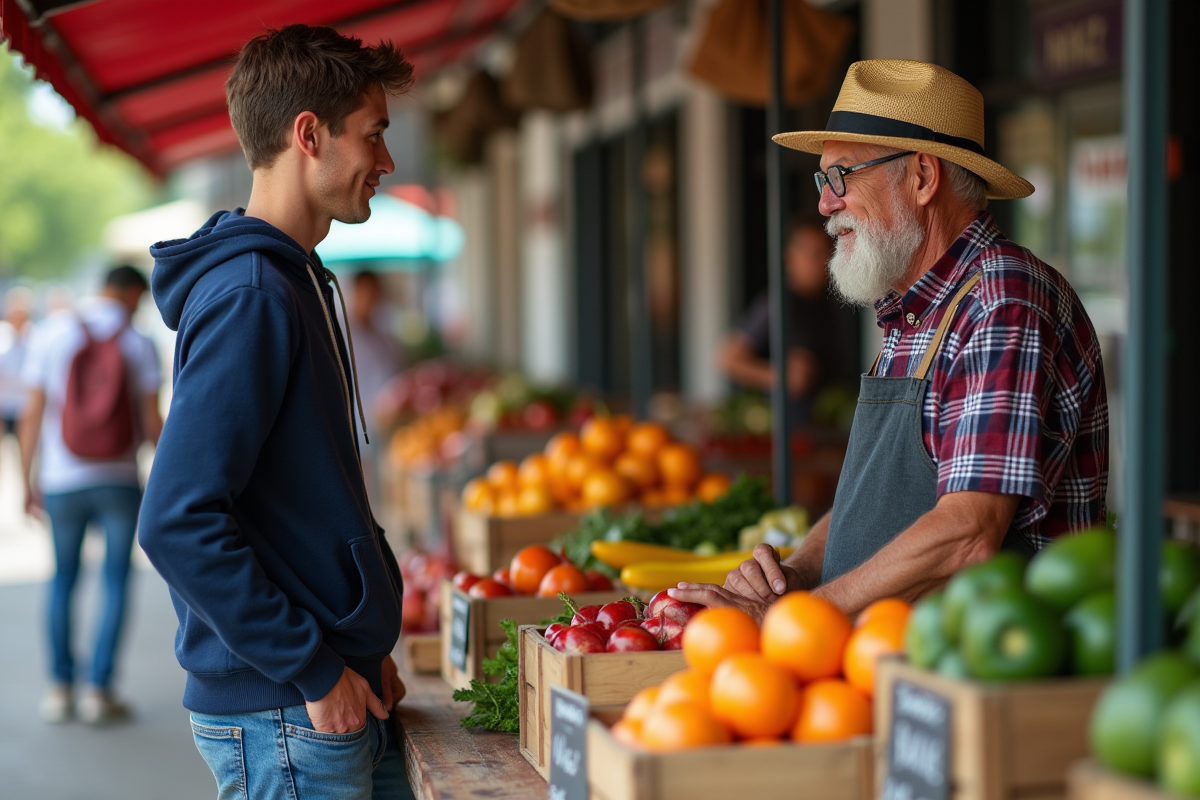 Jeune homme au hoodie discute avec un vendeur au marché