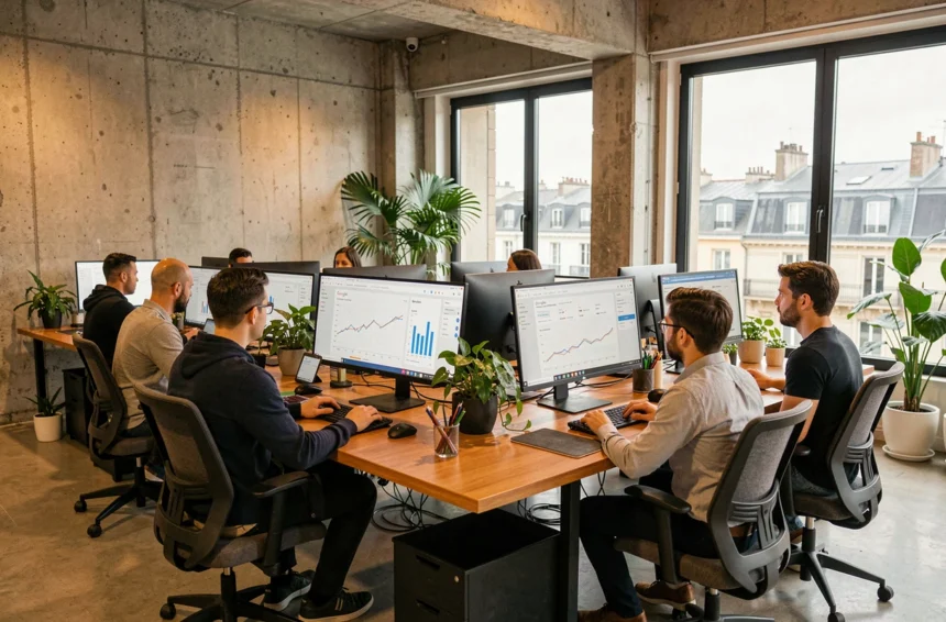 Vue d'ensemble d'une agence de marketing digital en Auvergne-Rhône-Alpes avec des professionnels travaillant sur des campagnes Google Ads