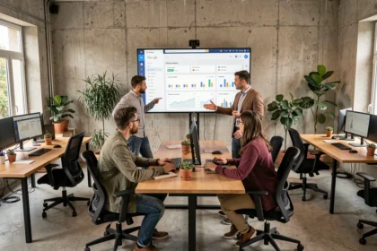 Équipe d'une agence Google Ads dans les Pays de la Loire travaillant sur des campagnes publicitaires digitales