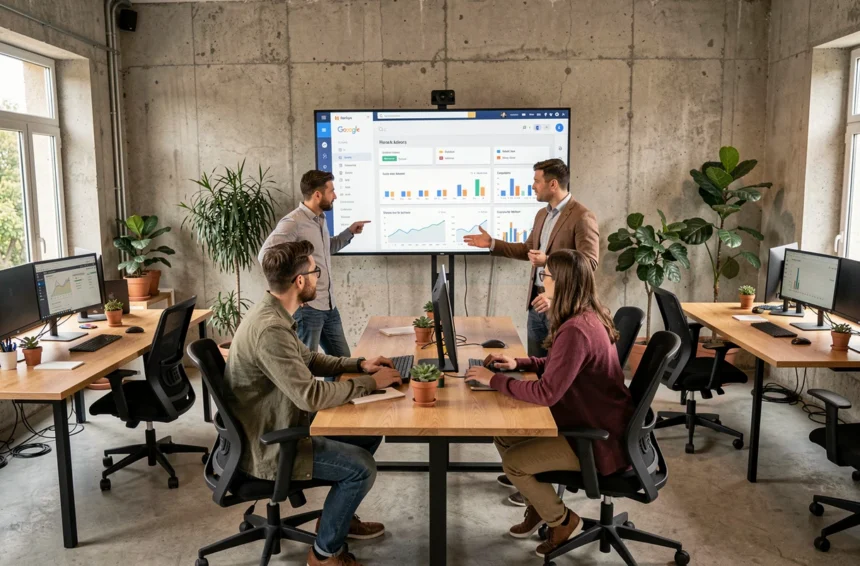 Équipe d'une agence Google Ads dans les Pays de la Loire travaillant sur des campagnes publicitaires digitales