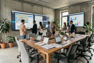 Vue panoramique d'une agence SEO moderne dans le Grand Est avec des professionnels travaillant sur des tableaux de bord analytiques