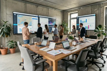 Vue panoramique d'une agence SEO moderne dans le Grand Est avec des professionnels travaillant sur des tableaux de bord analytiques
