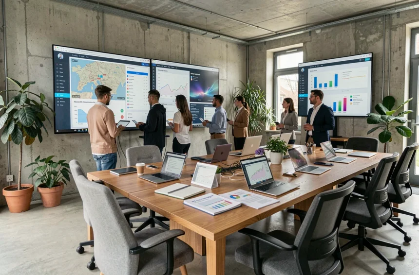 Vue panoramique d'une agence SEO moderne dans le Grand Est avec des professionnels travaillant sur des tableaux de bord analytiques