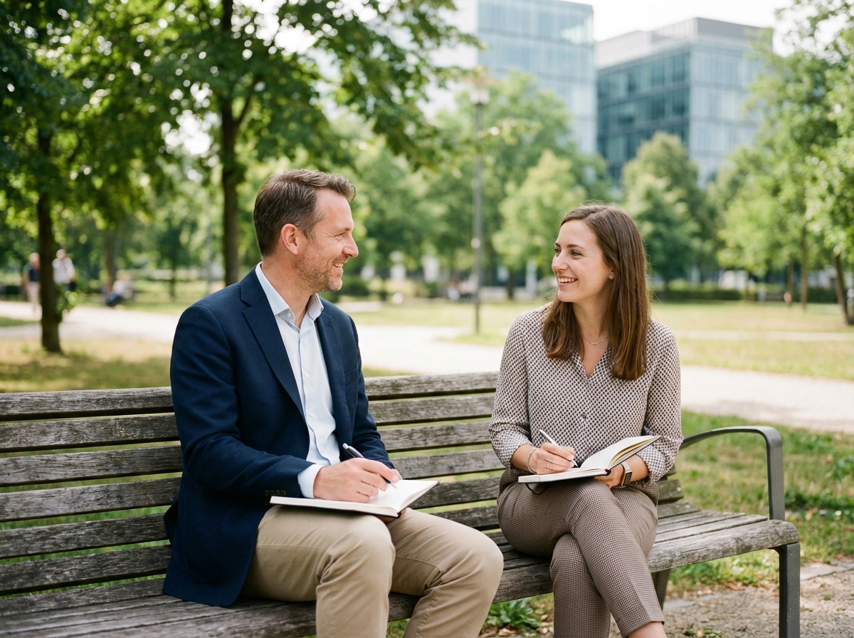 Mentor et jeune femme en discussion dans un parc urbain