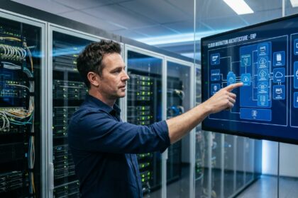 Directeur informatique pointant un schéma de migration ERP vers le cloud sur un écran mural devant une salle de serveurs