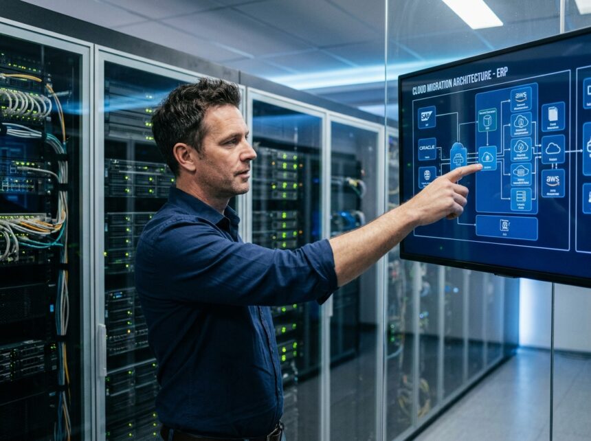 Directeur informatique pointant un schéma de migration ERP vers le cloud sur un écran mural devant une salle de serveurs