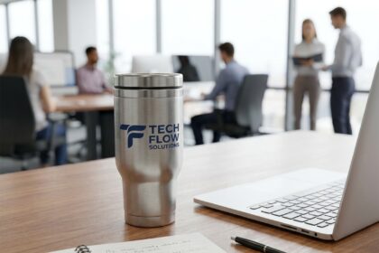 Mug isotherme personnalisé avec logo d'entreprise posé sur un bureau en bois dans un open space moderne