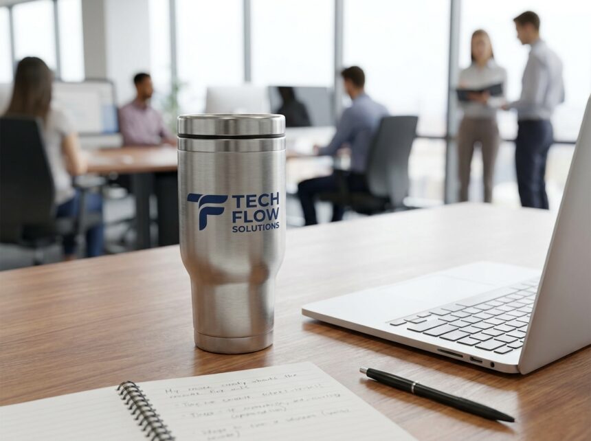Mug isotherme personnalisé avec logo d'entreprise posé sur un bureau en bois dans un open space moderne