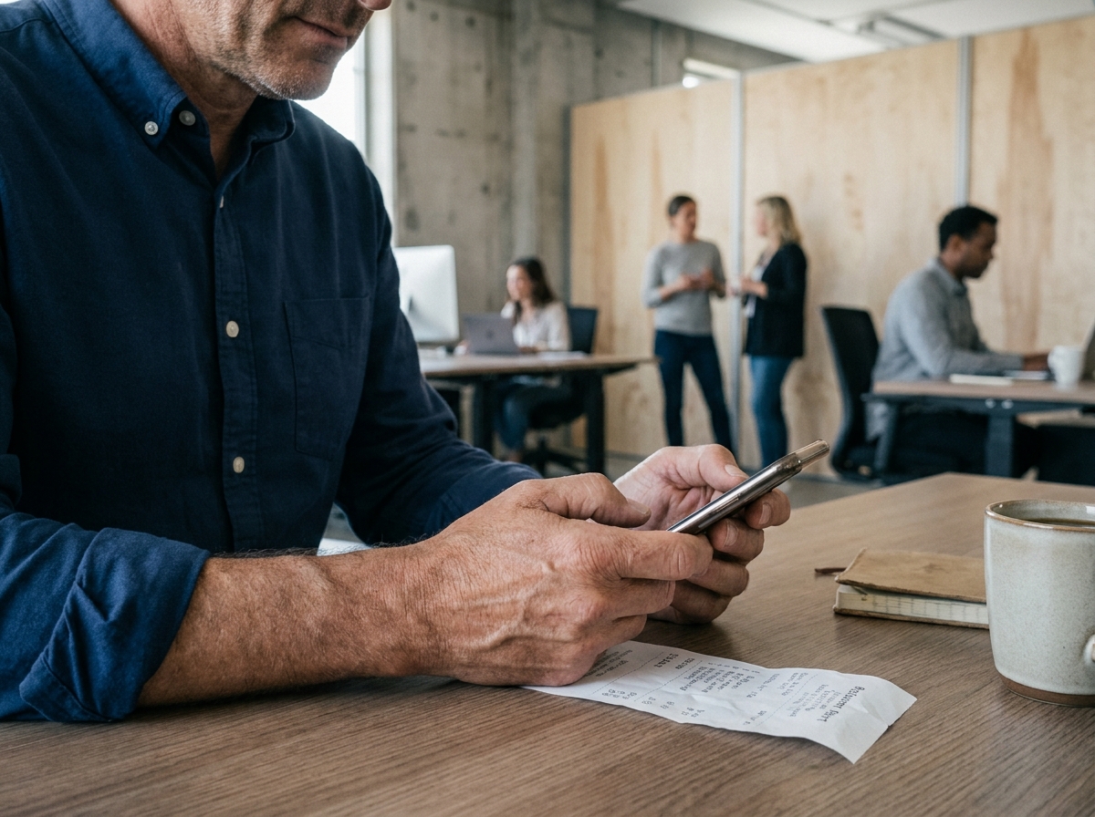 Homme photographiant une note de frais avec son smartphone dans un espace de coworking