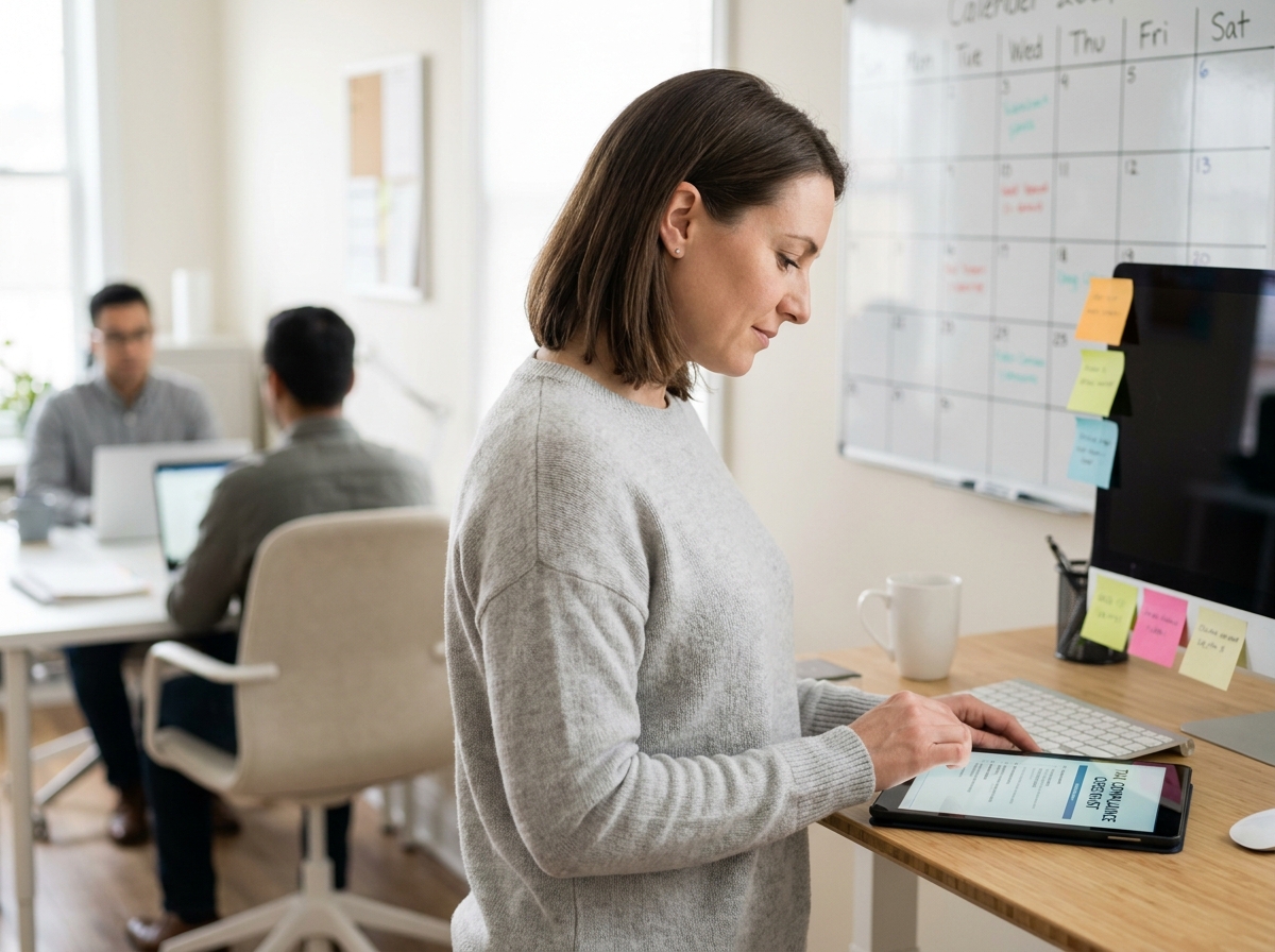 Responsable administrative d'une PME consultant une liste de conformité fiscale sur une tablette