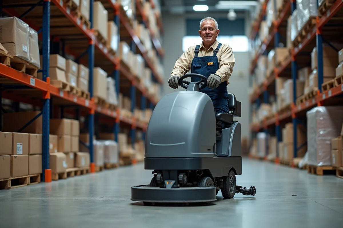 Homme en salopette utilisant un aspirateur industriel en entrepôt