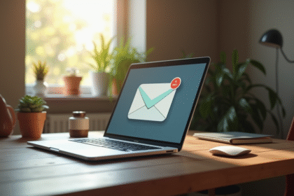 Ordinateur portable sur un bureau en bois avec notification email